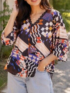 NWT Maloka Oversized Multicolor Abstract Graphic Print Blouse Funky Artsy Tunic